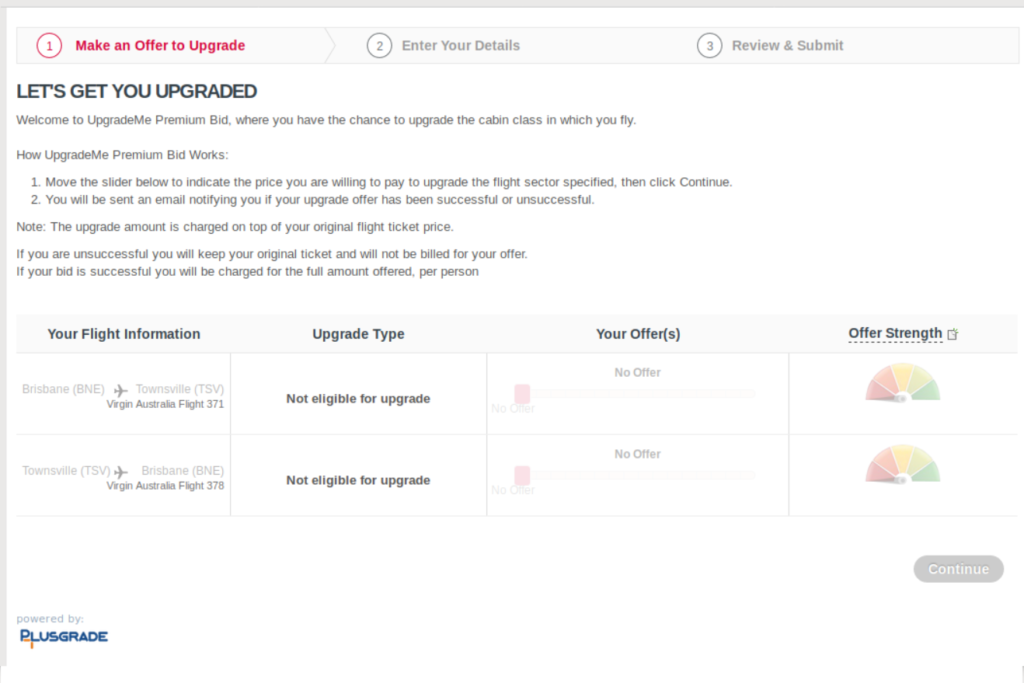 Virgin Australia Plusgrade upgrade bidding page.