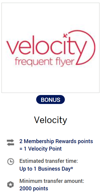 AMEX Membership Rewards transfer rate to Velocity points.